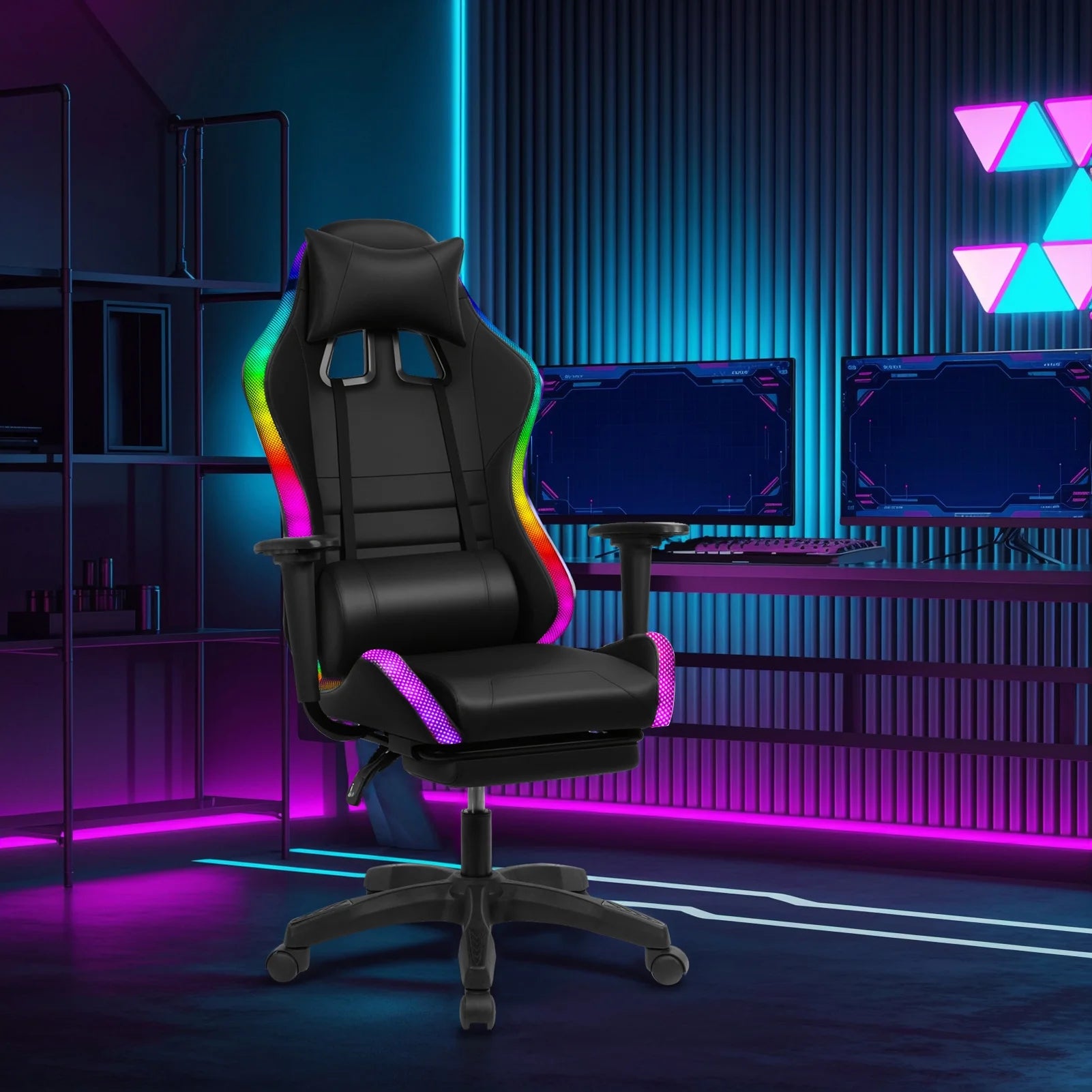Nanly Gaming Chair with Retractable Footrest, Ergonomic Computer Racing Chair with Two Bluetooth-compatible Speakers and Multiple RGB LED Light Modes Swivel Rolling Computer Chair for Home Office
