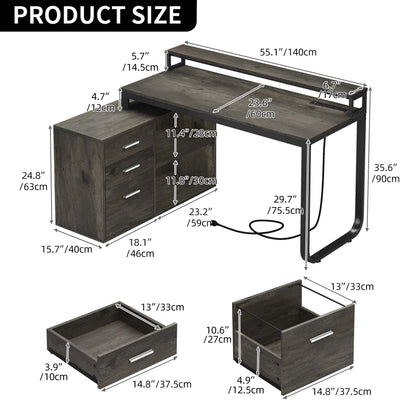 DWVO 55" L Shaped Desk with Power Outlets and Monitor Stand , Computer Desk with LED Light &File Cabinet, Corner Desk with 3 Drawers, White Modern Home Office Desk, Gray