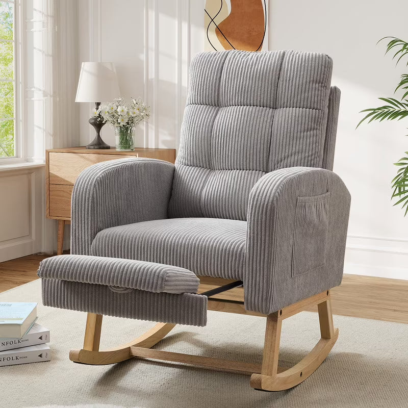 FFH Rocking Chair Nursery, Tufted Accent Rocker Chair, Upholstered Armchair with Adjustable Footrest, Side Pocket, High Backrest, Padded Seat, Polyester Blend (Retro, Dark Gray)