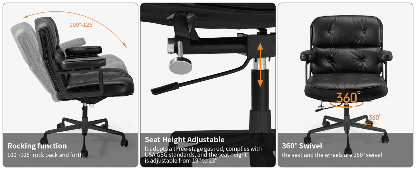 Mid Back Genuine Leather Office Chair, Adjustable Height and Liftable Swivel Computer Chair with Rolling Casters for Home Office Use, Black