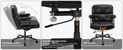 Mid Back Genuine Leather Office Chair, Adjustable Height and Liftable Swivel Computer Chair with Rolling Casters for Home Office Use, Black