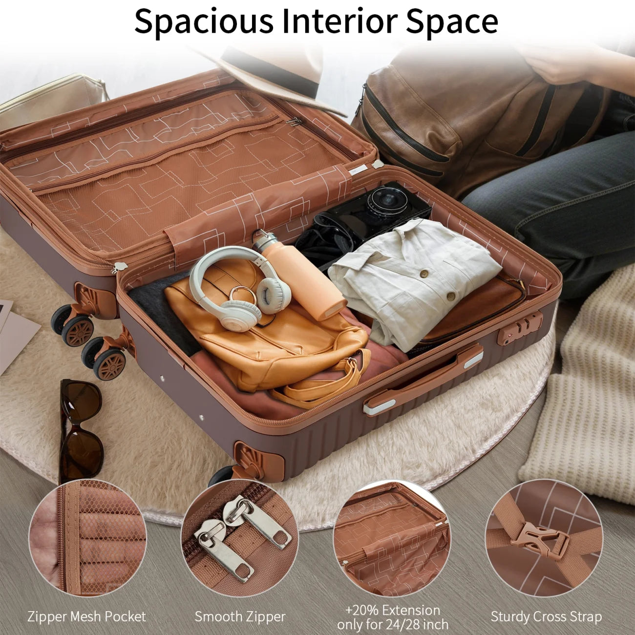 Luggage Sets,4-Piece Lightweight Suitcase Set with 4 Packing Cubes and TSA Lock, Hardshell Suitcases with Spinner Wheels, (16/20/24/28 ),Brown