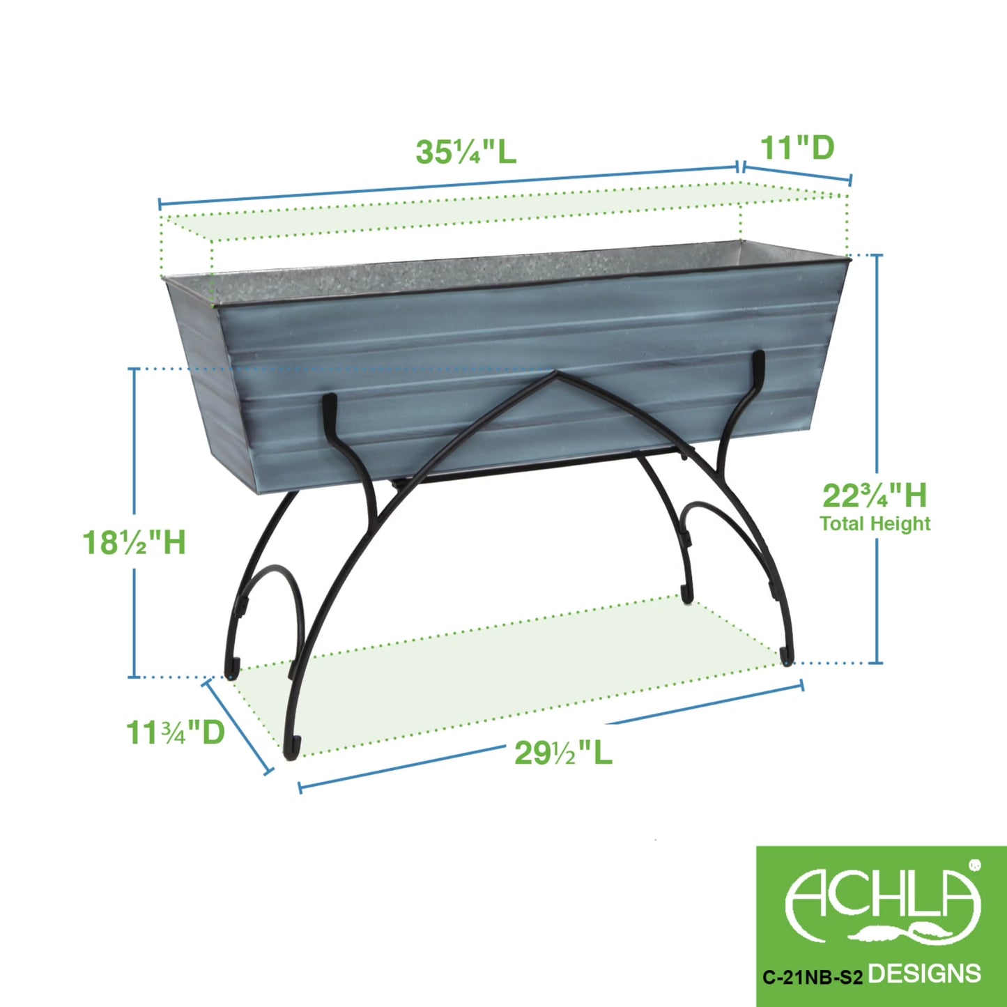 Achla Designs 35.25"L Rectangular Galvanized Steel Indoor Outdoor Large Flower Box w/Black Wrought Iron Bella Stand Copper Plated, Black Powdercoat