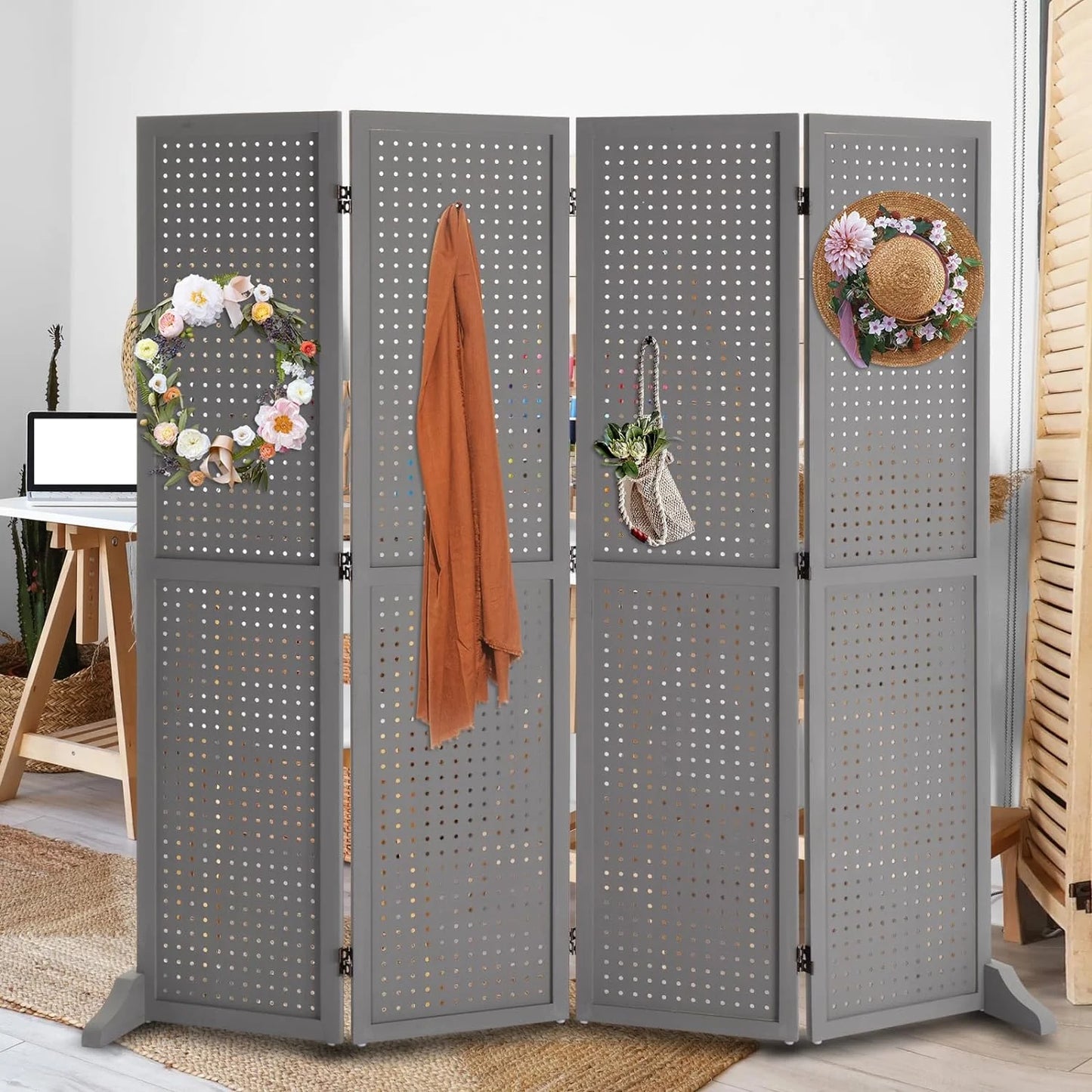 Bonnlo 4 Panel Pegboard Freestanding, 5 FT Portable Display for Craft Show Jewelry, Wooden Folding Room Divider