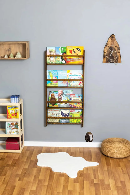 Handmade Solidwood Wall Mounted Montessori Kids Bookshelf, 4 Tier Book Display for Children Bedroom, Nursery Furniture Bookcase, Wood Pine Tree Book Organiser for Living Room (Walnut)