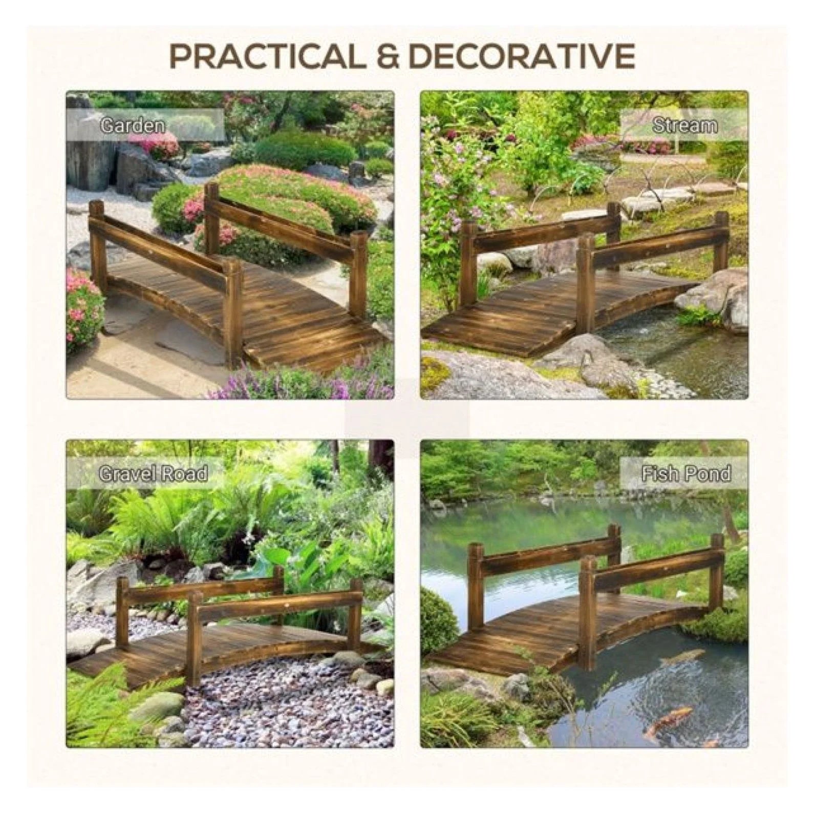 Wooden Garden Bridge Arc Footbridge 90.5" - Stained Fir Wood Outdoor Bridge with Planters - Zen Garden Decor, Walkways, Pond & Stream