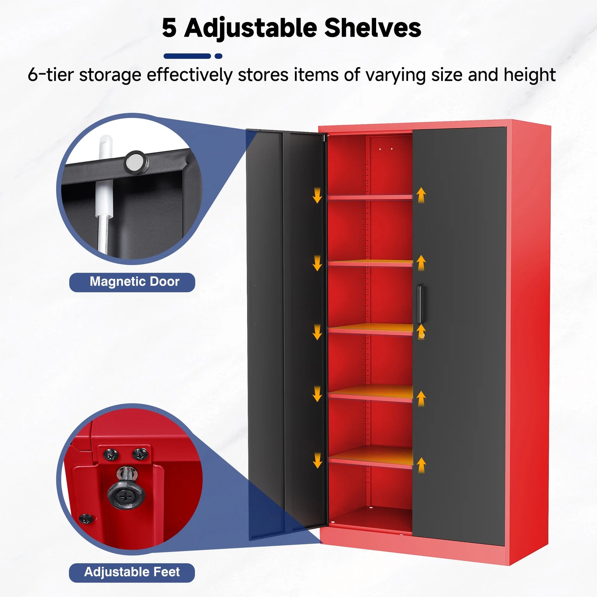 AUHUP 71" Metal Cabinet with Locking Doors and 5 Adjustable Shelves, Red Black Garage Storage Cabinet for Warehouse, Basement, Home Office, Tool File Storage Utility Cabinets