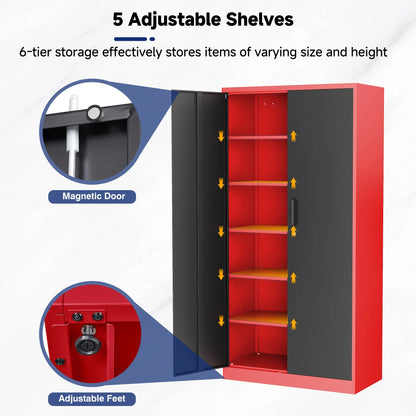 AUHUP 71" Metal Cabinet with Locking Doors and 5 Adjustable Shelves, Red Black Garage Storage Cabinet for Warehouse, Basement, Home Office, Tool File Storage Utility Cabinets