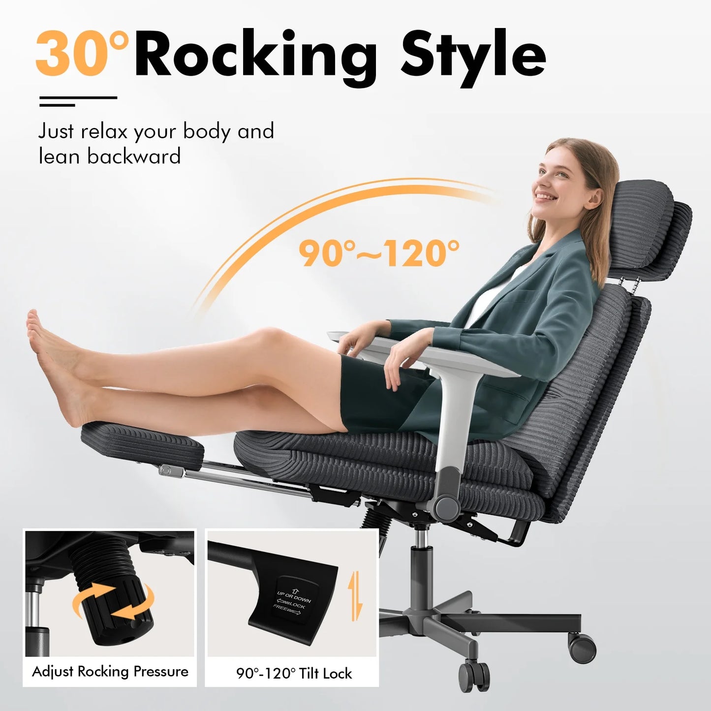 HomeZeer Ergonomic Cross-Legged Office Chair with Footrest & Headrest, Heavy Duty Executive Desk Chair with Flip-up Armrests, Corduroy Fabric Computer Criss Cross Chair for Home Office, Black