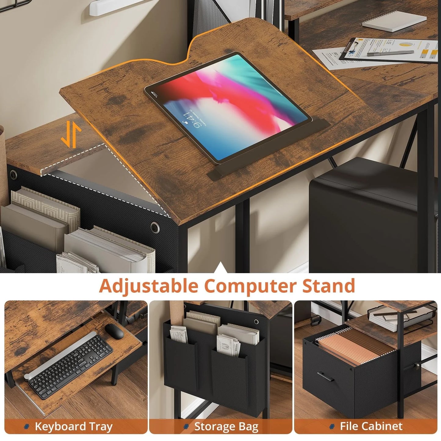 SEDETA L Shaped Gaming Desk, Led Reversible Corner Computer Desk with Power Outlet, Home Office Desk Drawer File Cabinet Keyboard Tray Storage Bag Monitor Stand CPU Stand,Brown