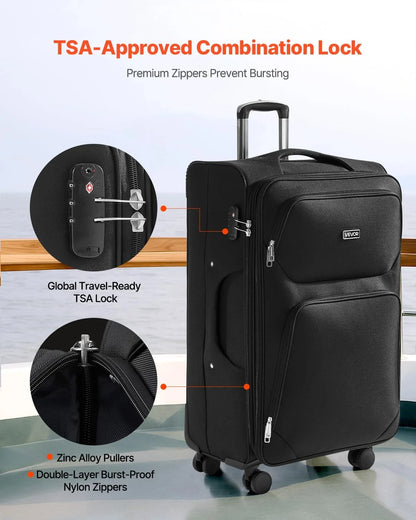 Softside Expandable Luggage with Spinner Wheels, 28-Inch Softside Checked Large Luggage, Lightweight Checked Suitcase with Expandable Zippered Pocket and TSA Lock, Black