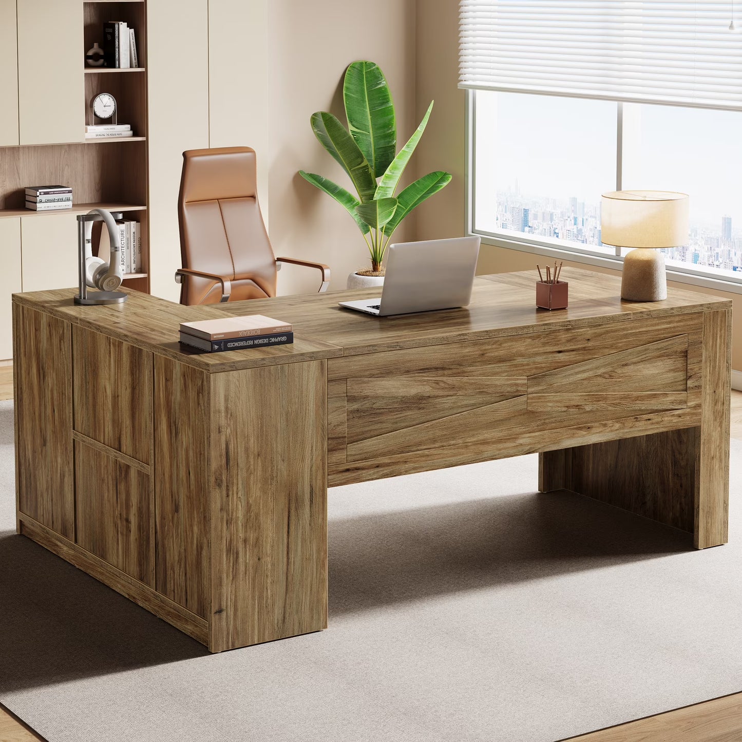 Tribesigns 70.8" L-Shaped Executive Desk, Large Computer Table with Storage Cabinet, Modern Business Furniture with Shelves, Wooden Farmhouse Workstation for Home Office (Rustic Brown)