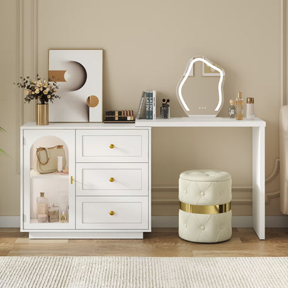 CozyHome 59° Extendable Corner Vanity Desk with Rotatable Tabletop, Large White Makeup Vanity Table for Women Girl, 3 Drawer & 1 Door, Wood Vanity Dresser for Apartment, Dorm, Study Room, Home Office