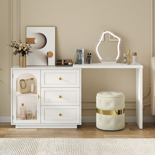 CozyHome 59° Extendable Corner Vanity Desk with Rotatable Tabletop, Large White Makeup Vanity Table for Women Girl, 3 Drawer & 1 Door, Wood Vanity Dresser for Apartment, Dorm, Study Room, Home Office