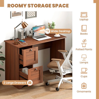 BHUIK Vintage Computer Desk with Charging Station, 43" Home Office Writing Table with 3 Drawers, USB & Type-C Ports, Wooden Study Workstation for Small Spaces, Walnut