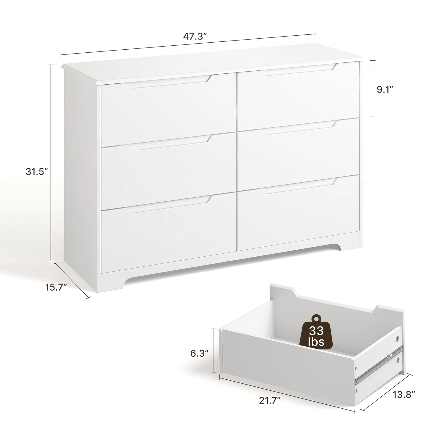 Aiho 6-Drawer Double Dresser - Modern Wood Chest with Anti-Tip Safety, Cutout Handles & Smooth Gliding Drawers | Nursery, Kids & Bedroom Storage - White
