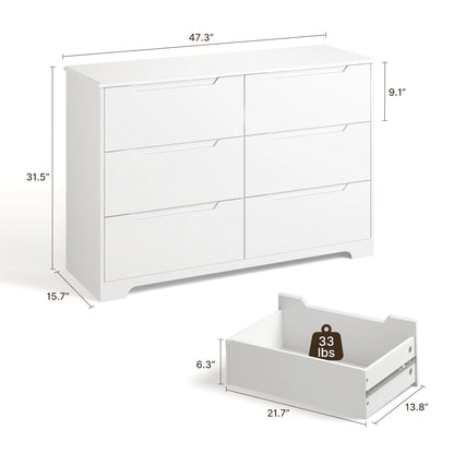 Aiho 6-Drawer Double Dresser - Modern Wood Chest with Anti-Tip Safety, Cutout Handles & Smooth Gliding Drawers | Nursery, Kids & Bedroom Storage - White