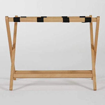 M& T Displays Beech Wood Folding Luggage Rack Travel Suitcase Stand with Woolen Strips for Home Hotel Gym Spa Guest Room 200 lbs Carriage Capacity Natural Wood 18x30 Inches
