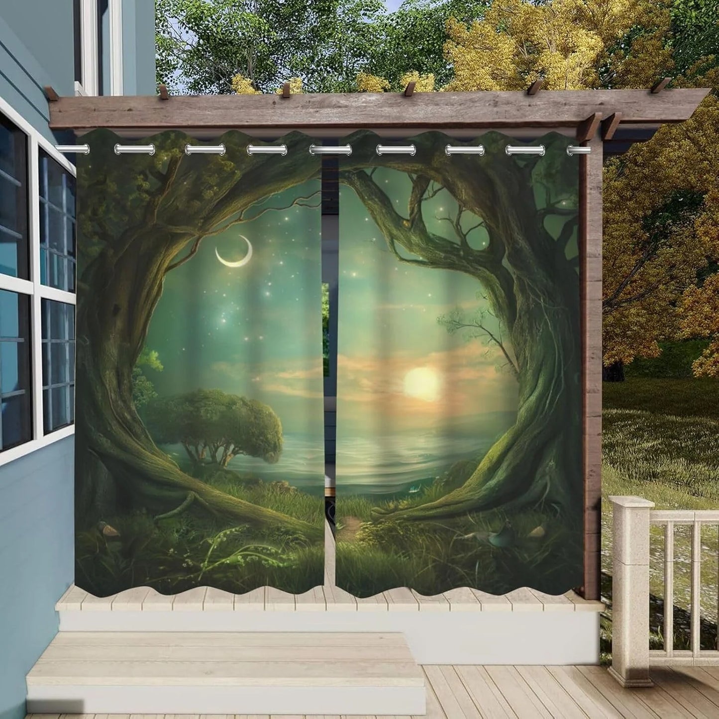 Forest Theme Waterproof Outdoor Curtains for Patio,Trees Moon Lake Pattern,Grommet Curtain for Bedroom, Porch, Living Room, Pergola, Cabana,2 Panels,W54 x L84,Green