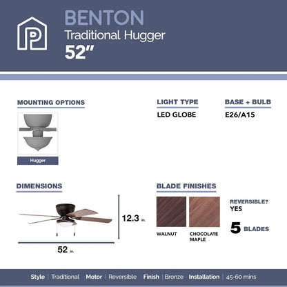 Prominence Home 51429 Benton Hugger/Low Profile Ceiling Fan, 52° Walnut/Maple Blades, LED Globe Light, Bronze