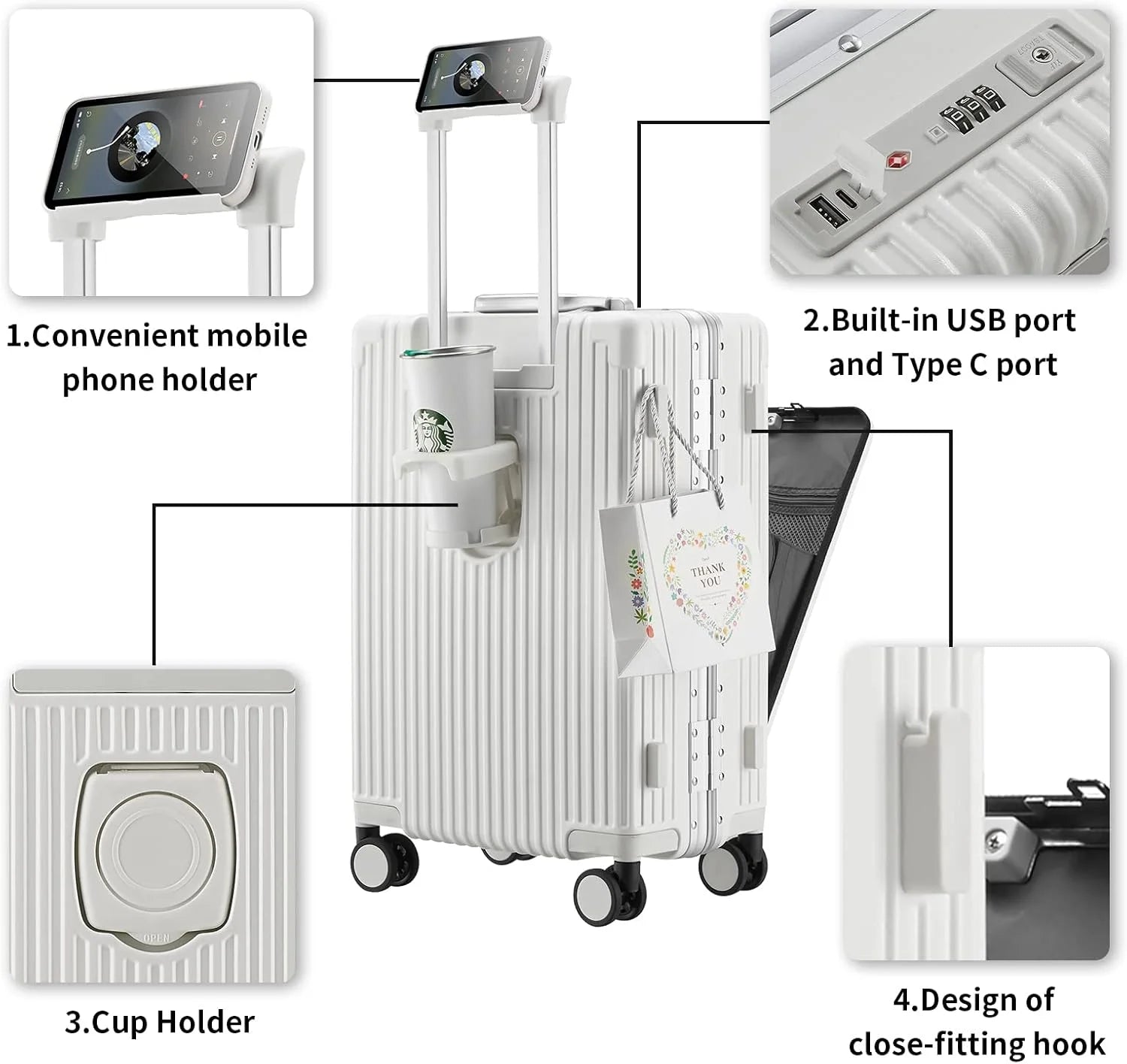 Carry-On Luggage with USB Charging Port, Front Compartment, TSA Lock, Airline Approved Carry On Hardside Suitcase with Spinner Wheels (Grey, 20inch)