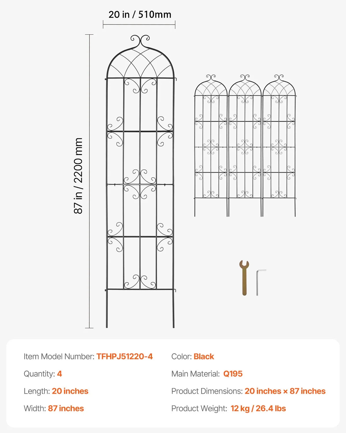 KFFKFF Outdoor Trellis for Vine Plants, Dimensions 87 x 20 inches, Set of 4 Durable Metal Garden Trellis, Ideal for Climbing Roses and Cucumbers, Decorative Clematis Trellis
