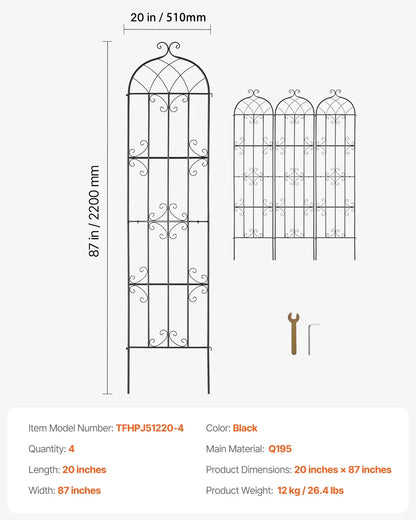 KFFKFF Outdoor Trellis for Vine Plants, Dimensions 87 x 20 inches, Set of 4 Durable Metal Garden Trellis, Ideal for Climbing Roses and Cucumbers, Decorative Clematis Trellis