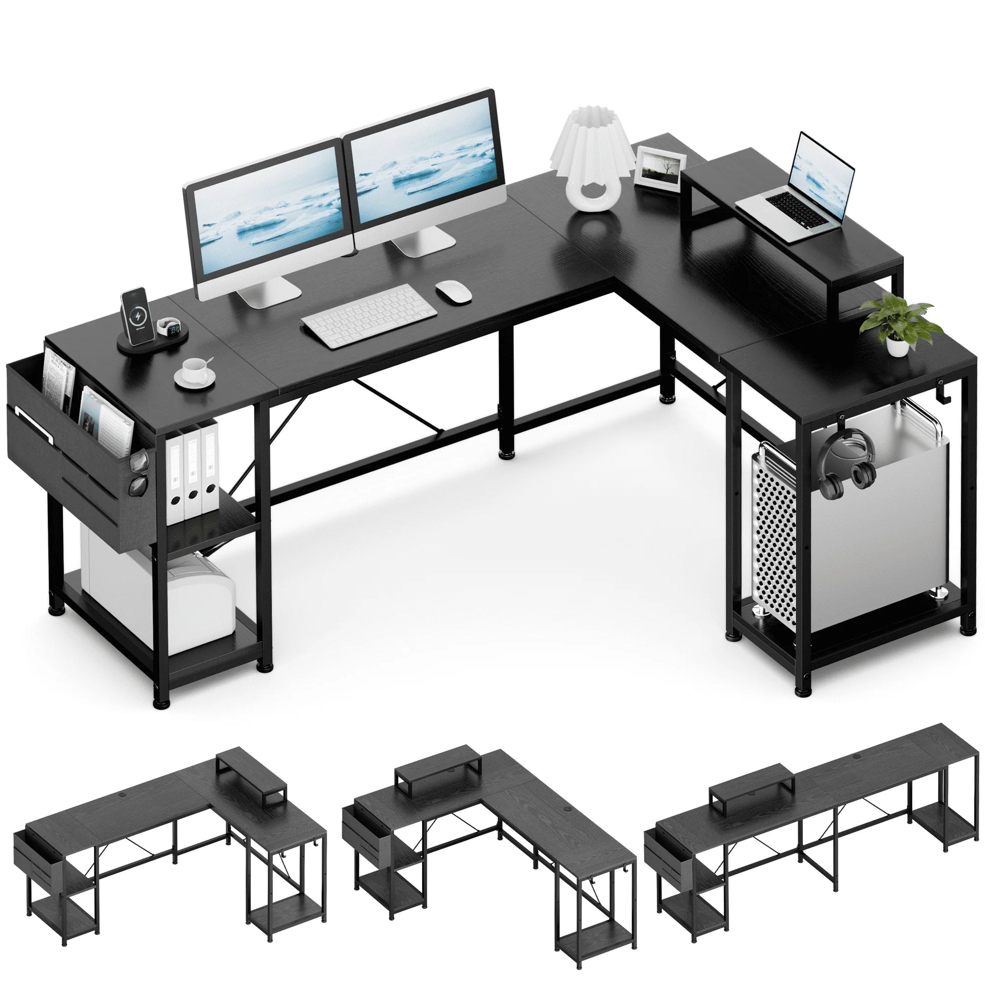 Lulive L-Shaped Computer Desk, 95" Reversible Computer Desk Office Desk with 3 Shelves/Monitor Stand/Storage Bag/Hooks for Home Office, Black