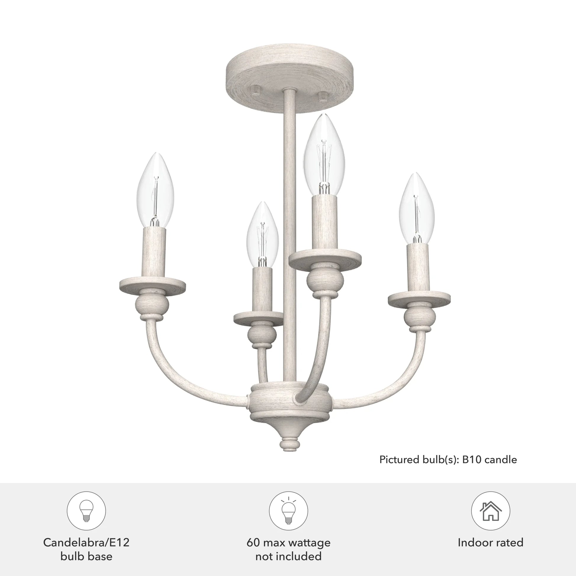 Hunter - Southcrest 4-light Matte Black, Medium Size Flush Mount Light, Dimmable, Traditional Style, Candle Shaped, for Bedrooms, Dining, Living Rooms - 19642