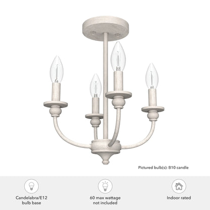 Hunter - Southcrest 4-light Matte Black, Medium Size Flush Mount Light, Dimmable, Traditional Style, Candle Shaped, for Bedrooms, Dining, Living Rooms - 19642