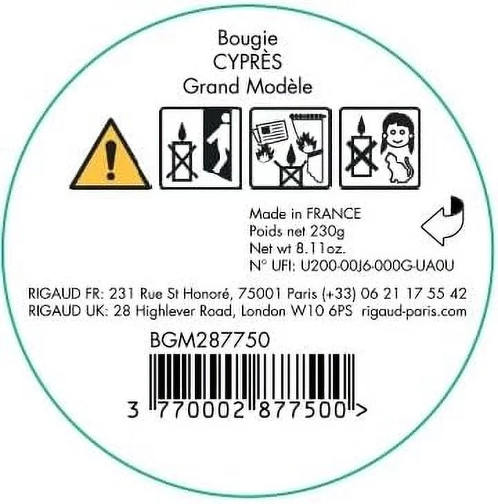 Rigaud Cypres Large Scented Candle - 230g, Made in France