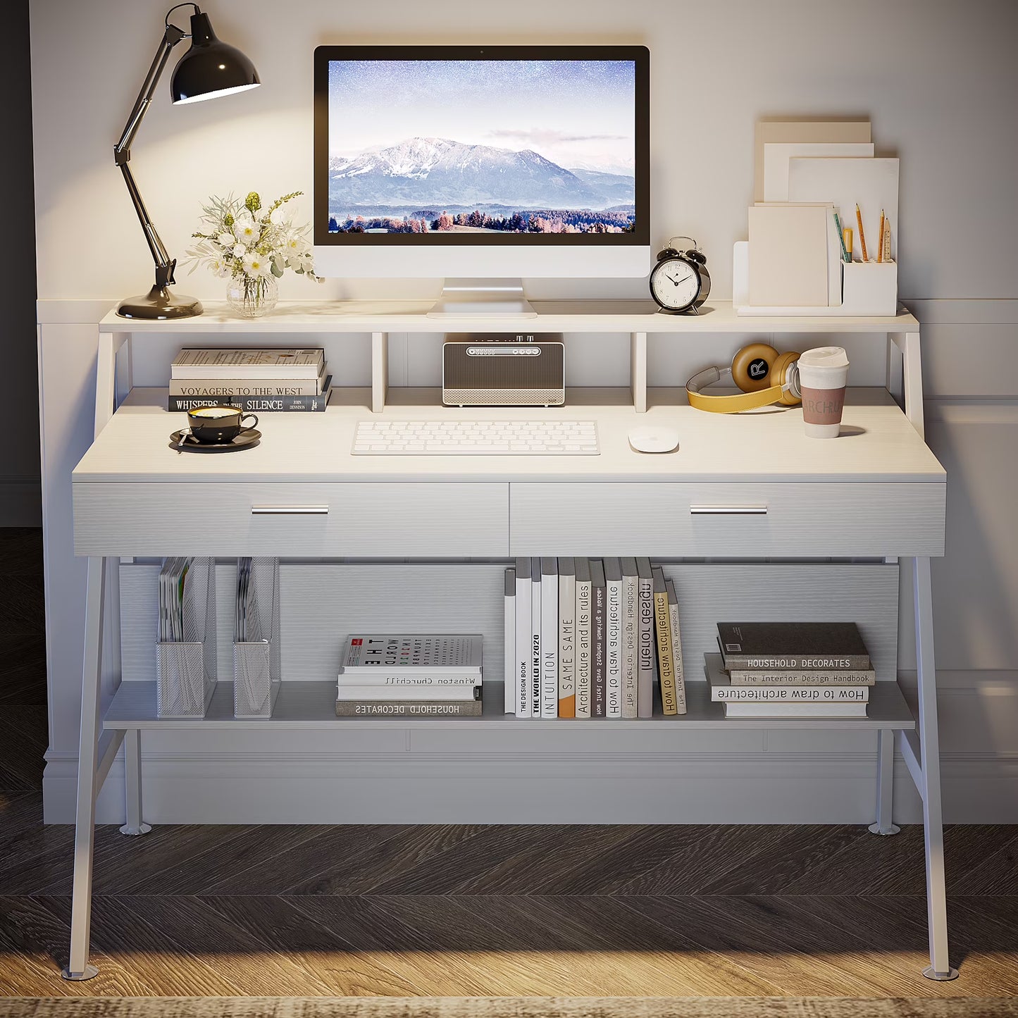 Tribesigns 47 inch Computer Desk, Modern Office Writing Desk with Storage Shelf & Drawers for Home Office, White
