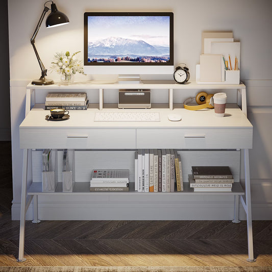 Tribesigns 47 inch Computer Desk, Modern Office Writing Desk with Storage Shelf & Drawers for Home Office, White
