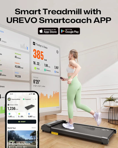 UREVO Spacewalk E1L Smart Walking Pad, Compact Under Desk Treadmill with Double Shock Absorption, Quiet Operation, Workout APP with Track Insights and MIIT Mode, Remote or APP Control for Home Office