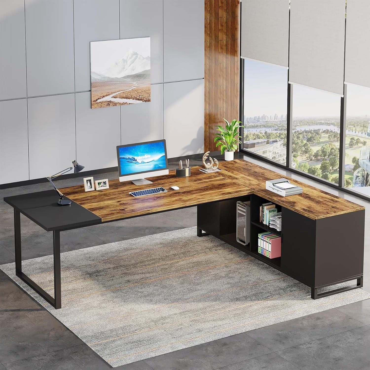 Tribesigns 70.8" L-Shaped Executive Desk with 55" File Cabinet, Modern L-Shaped Computer Desk with Storage Shelves and Cabinet for Home Office, Walnut White