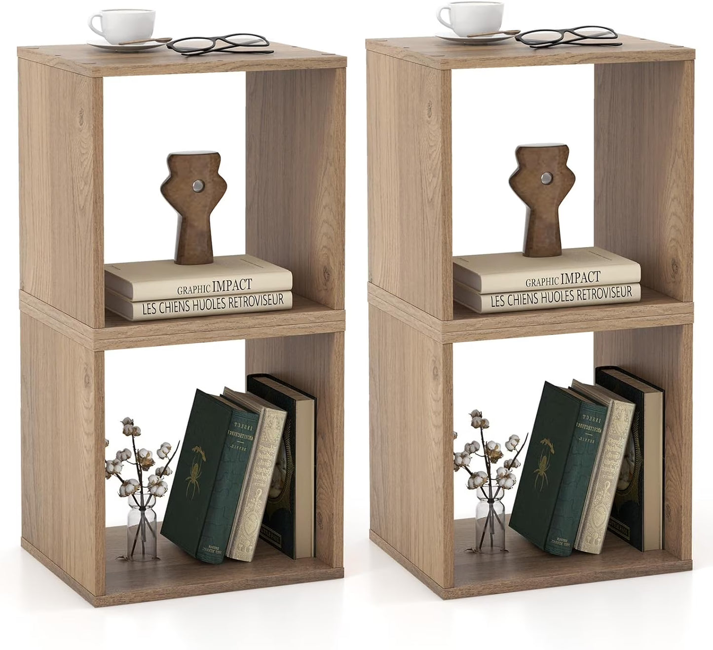 4 Stackable Bookshelf Cubes, Cubical Storage Organizer with 4 Removable Open Shelves, Small Book Shelves for Small Spaces, Cube Book Shelf for Bedroom, Living Room, Home Office (Natural)