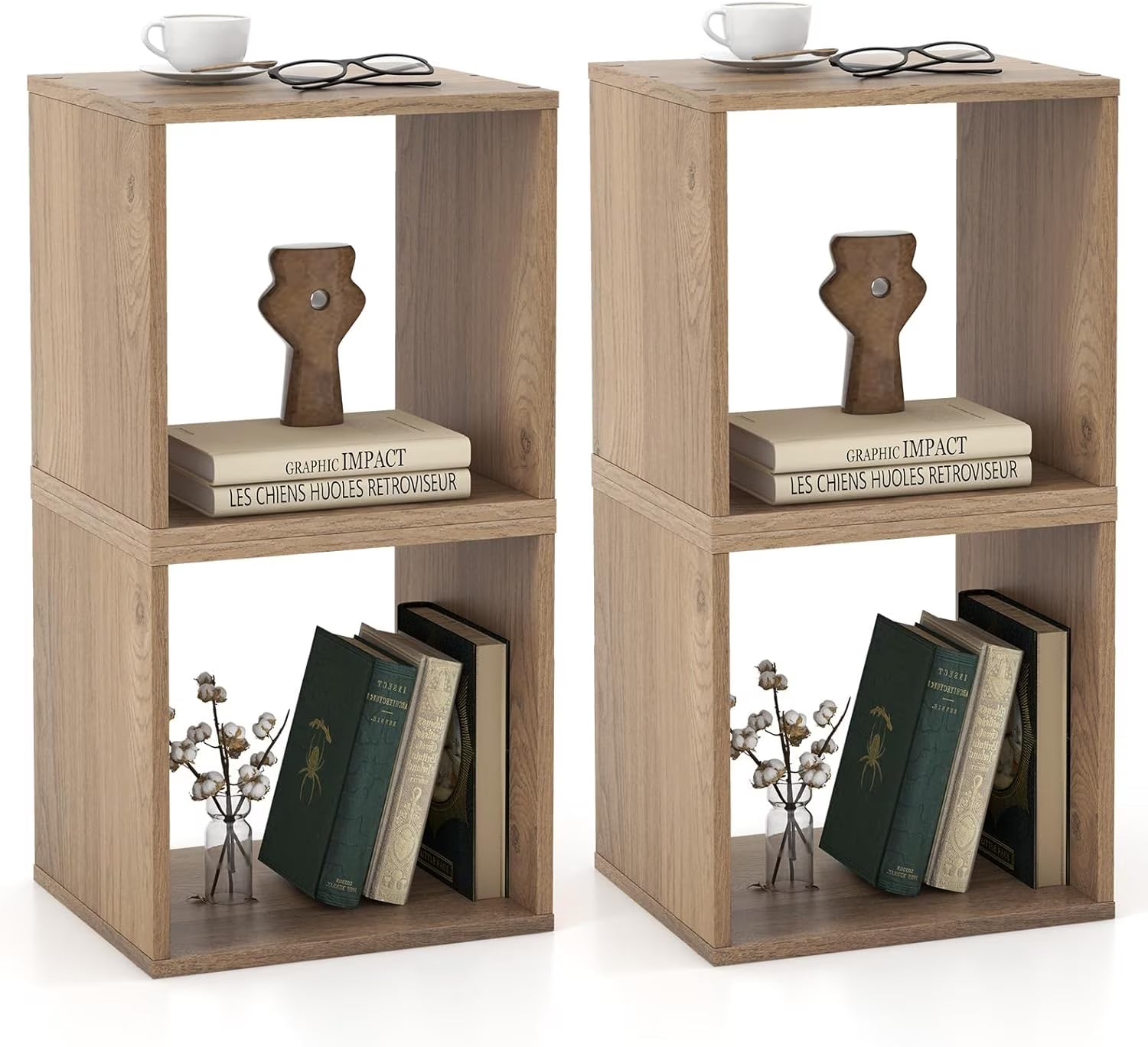 4 Stackable Bookshelf Cubes, Cubical Storage Organizer with 4 Removable Open Shelves, Small Book Shelves for Small Spaces, Cube Book Shelf for Bedroom, Living Room, Home Office (Natural)