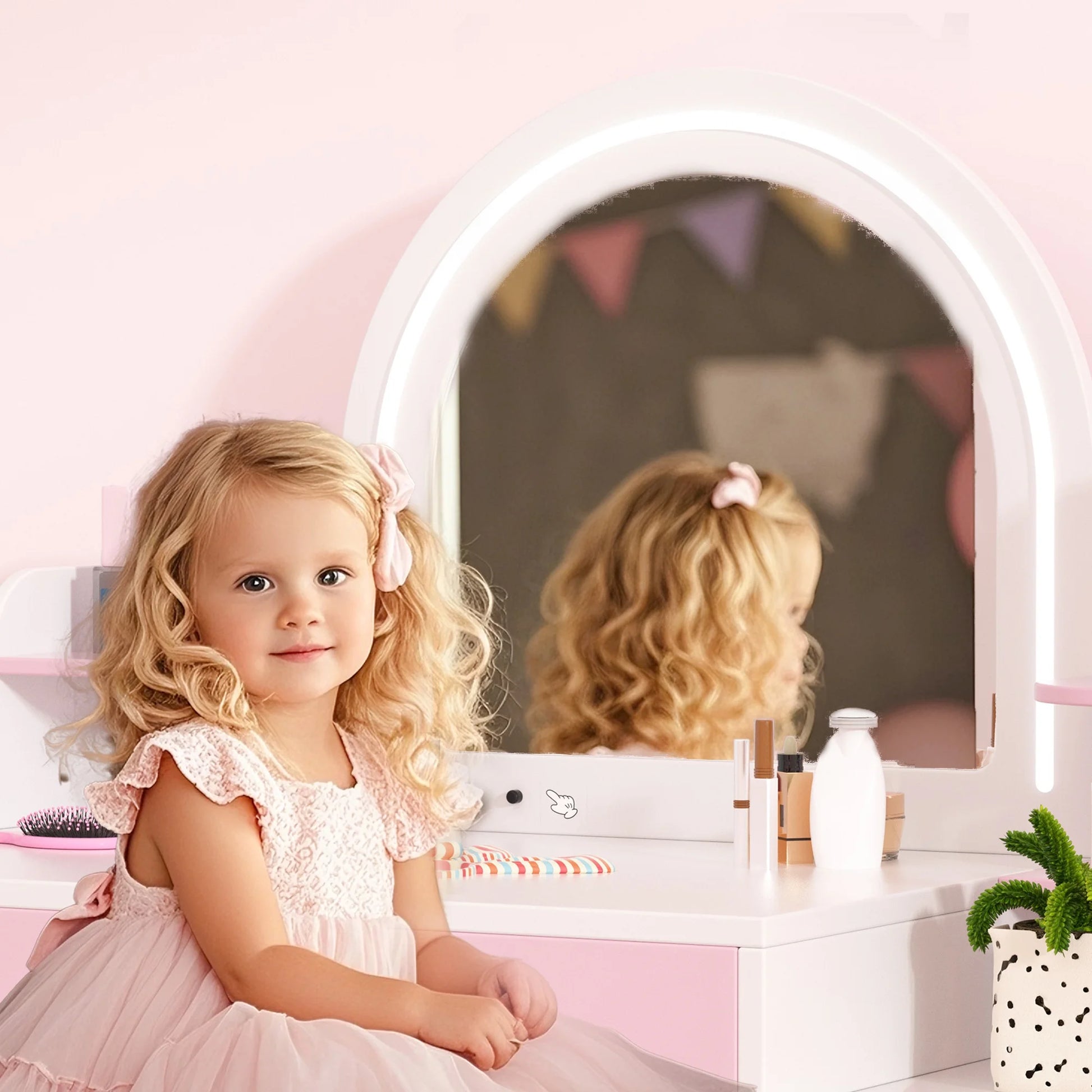 Kids 2-in-1 Princess Vanity Table Set with Jewelry Storage and Open Shelves, White