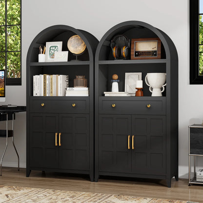 PULUOMIS 65" Tall Arched Cabinet, Farmhouse Arched Bookcase Bookshelf with Storage Drawer and Ajustable Shelves, for Living Room, Kitchen, Home Office, Black
