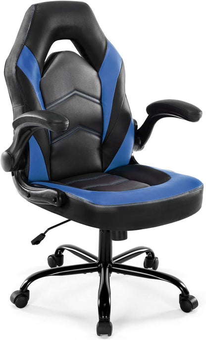 Ergonomic Computer Gaming Chair - Home Office Desk with PU Leather Lumbar Support, Height Adjustable Big and Tall Video Game with Flip-up Armrest, Swivel Wheels for Adults and Teens