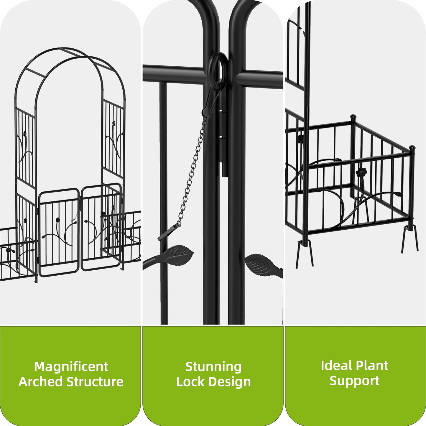 Uforic 87" Metal Garden Arbor Arch with Gate and Planter Boxes, Garden Trellis for Climbing Plants, Patio Wedding Party Lawn Arches Decoration, Black
