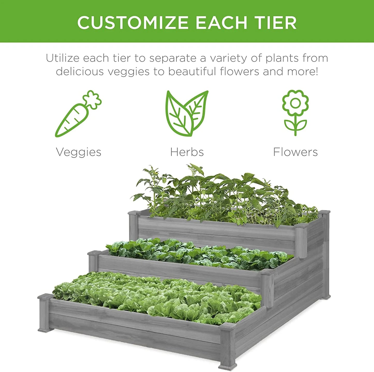 PINDEE 3-Tier Fir Wood Raised Garden Bed Planter Kit for Plants, Herbs, Vegetables, Outdoor Gardening w/Stackable & Flat Arrangement, Easy Assembly - Natural