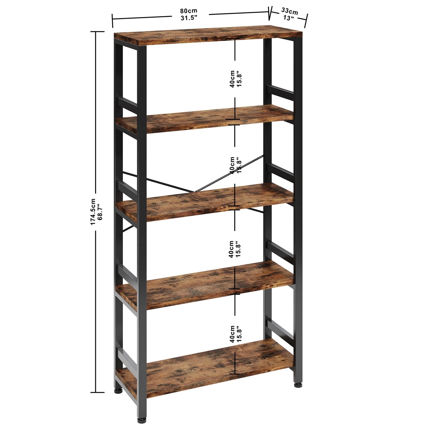 IRONCK 5 Tier Bookshelves and Bookcases, Industrial Shelf for Home Office Decor, Vintage Brown