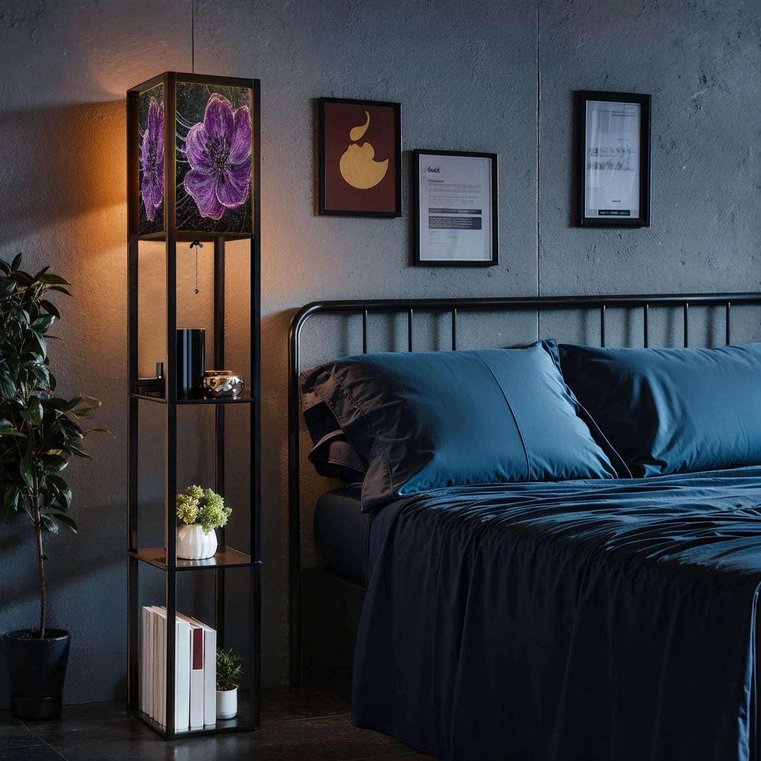 Floor Lamp with Shelves Corner Display Bookshelf Lamp for Living Room and Bedroom Purple Purple Wall Decor Purple Flower LED Modern Shelf Floor Lamp 3 Color Temperature