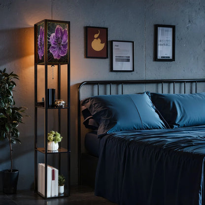 Floor Lamp with Shelves Corner Display Bookshelf Lamp for Living Room and Bedroom Purple Purple Wall Decor Purple Flower LED Modern Shelf Floor Lamp 3 Color Temperature