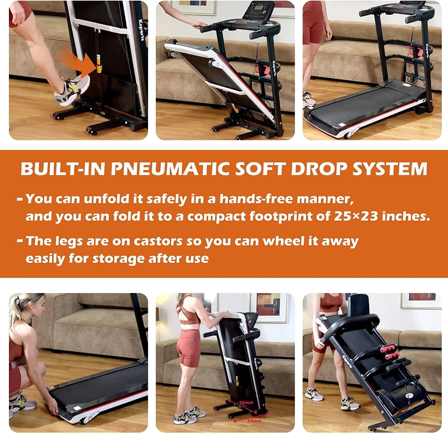 Ksports Treadmill Bundle Comprising of Electric Treadmill with 4 Incline Positions, Pneumatic Folding, Sit Ups Rack, Ab Mat & Dumb Bells with Smart Apps for Home Office Gym or Small Spaces