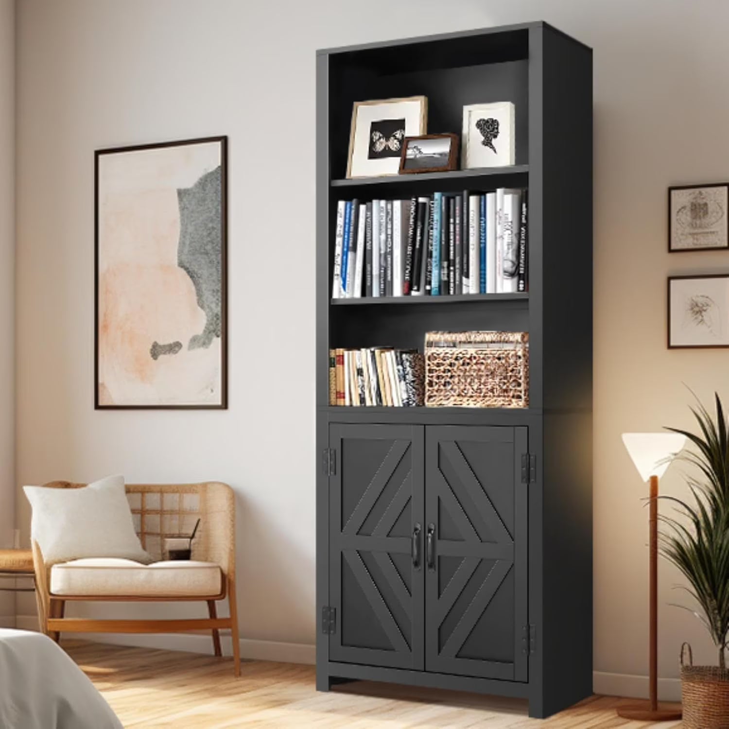 SEJOV Tall Bookshelves, 5-Tier Farmhouse Bookshelf with Cabinet Doors, 71" Bookcase with 3-Tier Open Wood Shelves, Adjustable Book Case for Home Office, Black