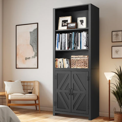 SEJOV Tall Bookshelves, 5-Tier Farmhouse Bookshelf with Cabinet Doors, 71" Bookcase with 3-Tier Open Wood Shelves, Adjustable Book Case for Home Office, Black