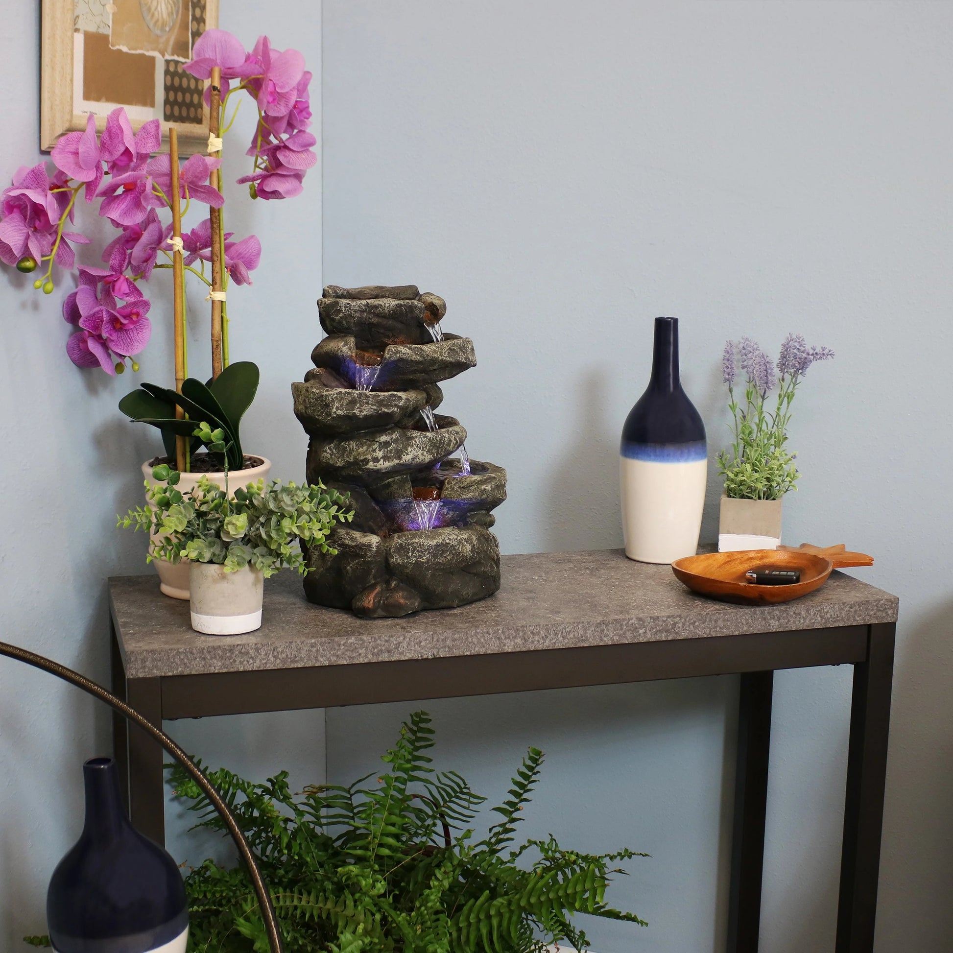Sunnydaze Indoor Home Office Relaxing 6-Tiered Stone Falls Tabletop Water Fountain with LED Lights - 15"