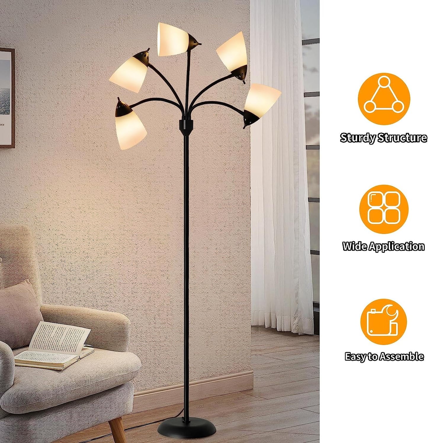 DINGLILIGHTING Floor Lamp Tall for Room: Flexible Gooseneck Floor Lamps Standing for Bedroom Home Office - Modern Floor Lights 5-Light